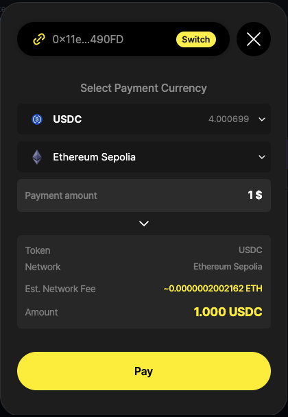 Wallet connected, Pay active
